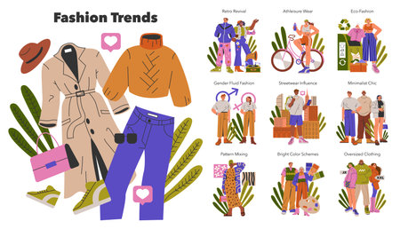 Fashion Trends concept. Illustration of contemporary clothing styles such as eco-fashion and athleisure. Diversity in modern fashion preferences. Vector illustration.のイラスト素材