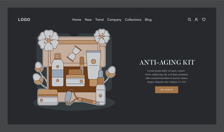 Skincare toolbox concept. A detailed assortment of anti-aging cosmetics and beauty tools on display. Aesthetic, self-care regimen essentials. Vector illustration.のイラスト素材