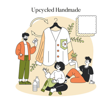Upcycled Handmade concept. Creative people engage in sustainable fashion, crafting a unique garment from recycled materials. Eco-conscious clothing transformation. Vector illustration.のイラスト素材