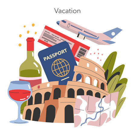 Vacation concept. Collage of travel essentials with a world-famous landmark, flight elements, and wine for relaxation. Leisure travel and tourism. Vector illustration.のイラスト素材