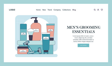 Mens grooming essentials web banner illustration featuring skincare products and tools for daily hygiene routine. Vector illustration.のイラスト素材