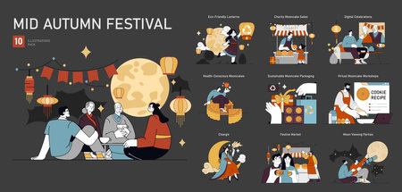 Mid Autumn Festival set. The cultural celebration of family, charity, and sustainability. Mooncakes, lanterns, and virtual gatherings. Vector illustration.のイラスト素材