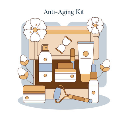 Skincare Toolbox concept. Essential anti-aging beauty products arranged neatly alongside white flowers. Complete facial care routine. Vector illustration.のイラスト素材