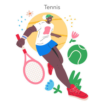 Summer Tennis Activity concept. Dynamic illustration of a player ready for a tennis match on a sunny day. Active lifestyle and outdoor sport. Vector illustration.のイラスト素材