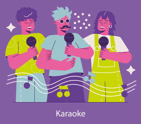 Friends enjoy singing together at a karaoke party, with microphones in hand and musical notes flowing around. Vector illustration.のイラスト素材