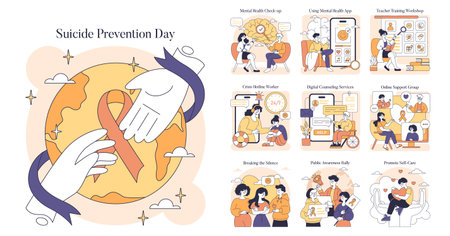 Suicide Prevention Day set. Awareness and mental health support through various means. Global assistance, training workshops, digital tools. Vector illustration.のイラスト素材