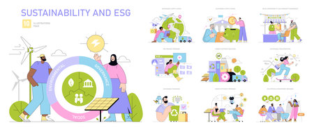 Sustainability and ESG set. Eco-friendly initiatives and corporate responsibility. Renewable energy, sustainable supply, and ethical governance. Vector illustration.のイラスト素材
