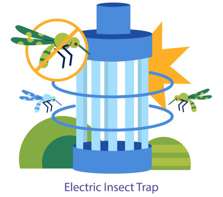 Insect Pest Control concept. Electric trap providing safe and effective solution to eliminate flying insects, enhancing home and garden protection. Vector illustration.のイラスト素材