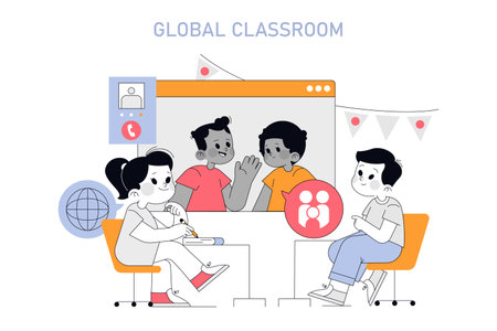 Global Classroom concept. Diverse students engage in a digital learning environment, highlighting online education dynamics. Vector illustration.のイラスト素材