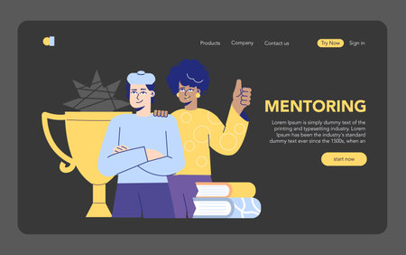 Online Mentoring concept. Two people with a trophy symbolizing success on a website interface. Encourages personal development and achievement. Vector illustration.のイラスト素材