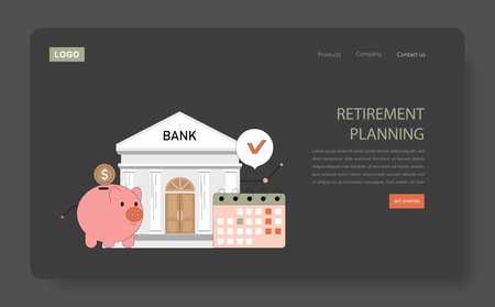 Retirement planning concept. A webpage presenting a piggy bank and bank building emphasizing financial readiness. Prepare for the future with savings. Vector illustration.のイラスト素材