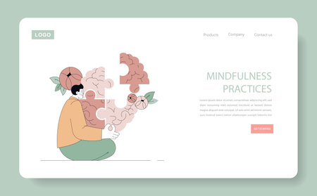 Male Meditation Concept. A serene man engaging in mindfulness, assembling his thoughts like a puzzle, symbolizing inner peace. Vector illustration.のイラスト素材