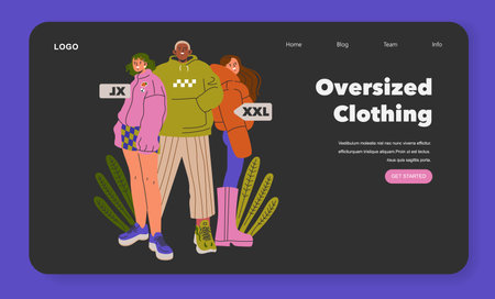 Fashion Trends concept. Diverse models showcasing oversized clothing styles on a website landing page. Comfort meets fashion in modern attire. Vector illustration.のイラスト素材