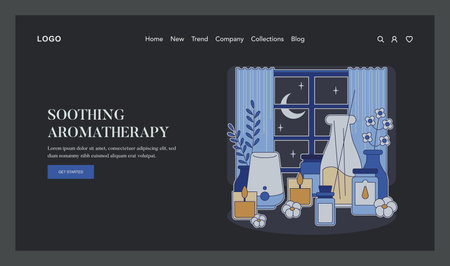 Night wellness concept. Relaxation scene with essential oils, candles, and serene night sky viewed through a window. Calm ambiance for self-care rituals. Vector illustration.のイラスト素材