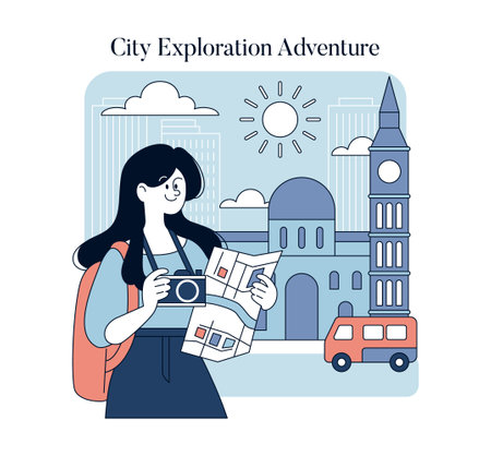 Special Moments concept. A cheerful tourist with a camera and map explores a city, surrounded by iconic buildings. Urban travel and discovery. Vector illustration.のイラスト素材