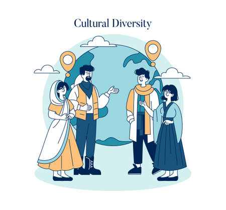 World Tourism Day concept. Celebrating international cultures and global travel connections with diverse people. Vector illustration.のイラスト素材