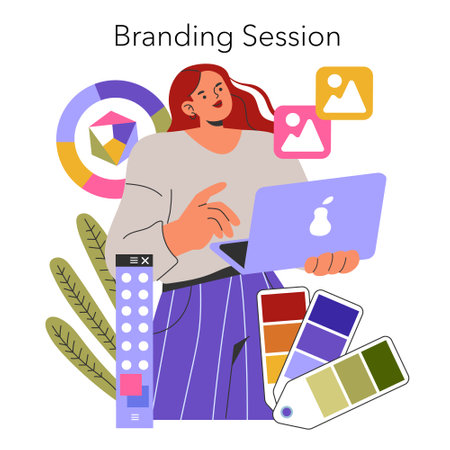 Branding session concept. A creative professional designs a brand identity with color swatches and graphics on her laptop. Vector illustration.のイラスト素材