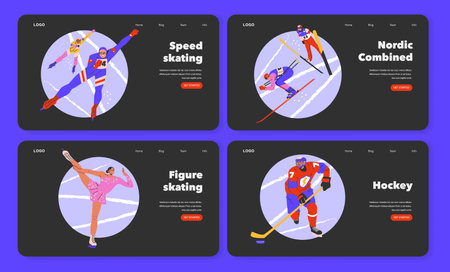 Winter sports set. Dynamic illustrations of speed skating, Nordic combined, figure skating, and hockey. Athletes in action on ice and snow. Vector illustration.のイラスト素材