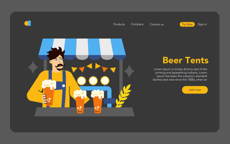 Oktoberfest concept. Bartender serving frothy beer at a festive beer tent with cheerful decorations. Celebrate German culture and heritage. Vector illustration.のイラスト素材