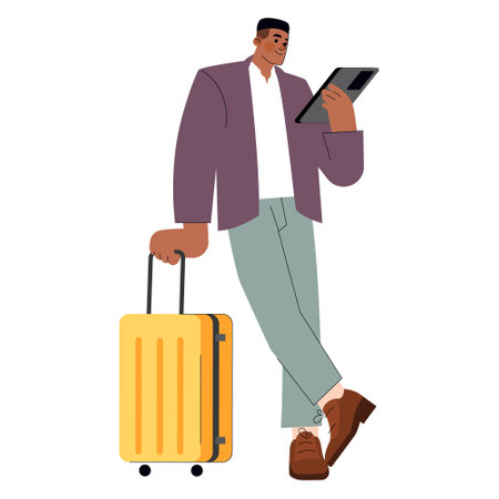 Business travel concept. Confident African-American businessman with luggage using a tablet. Global entrepreneurship and mobility. Vector illustration.のイラスト素材