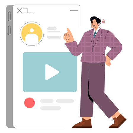 Diversity businessman concept. Professional male presents digital content with confidence. Inclusive corporate representation in the media space. Vector illustration.のイラスト素材