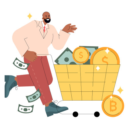 Diversity businessman concept. Joyful executive with a shopping cart full of cash and cryptocurrency, representing wealth accumulation. Vector illustration.のイラスト素材