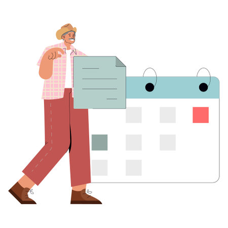 Diversity businessman concept. A stylish entrepreneur stands beside a calendar, symbolizing strategic planning. Time management in business attire. Vector illustration.のイラスト素材