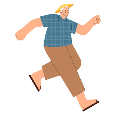 Dynamic businessman illustration. A cheerful, active male character in a hat striding forward. Positive, casual business attire. Vector illustration.のイラスト素材