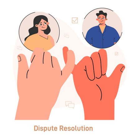 Compromise. Finding common ground and search for mutual agreement. Conflict resolution. Worker resolve a dispute, find compromise on opposite opinions. Flat vector illustrationのイラスト素材