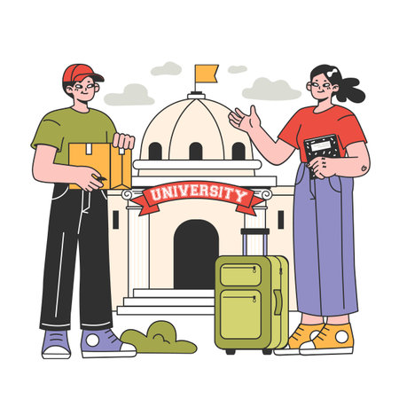College friends. University fellow students or classmates standing in front of uni building. Higher academic education. Campus friends community. Flat vector illustrationのイラスト素材