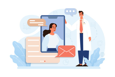 Telemedicine. Online consultation with a doctor. Remote medical treatment by videocalling on a device. Medical worker video chat. Flat vector illustrationのイラスト素材