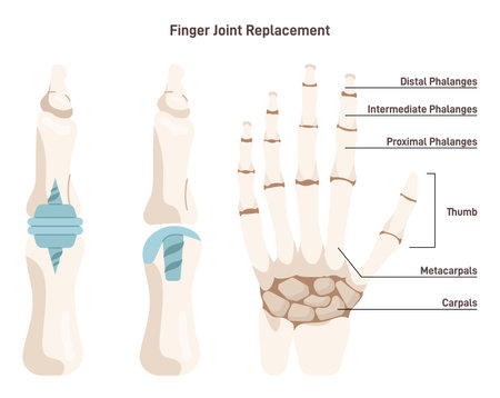 Joint implantation. Injured or distracted human joint replaced with artificial prosthesis made of titanium. Osteoporosis and osteoarthritis treatment surgery. Flat vector illustrationのイラスト素材