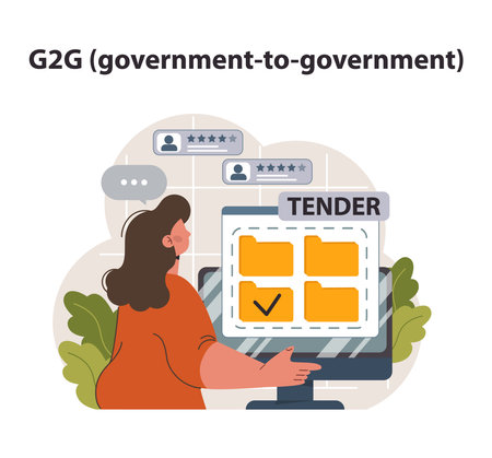 G2G, government to government business model. Governments commercial interaction on national level. Global electronic commerce activity between two or more states. Flat vector illustrationのイラスト素材