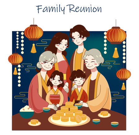 Traditional chinese fest set. Mid-Autumn festival, moon festival or mooncake festival. Happy asian family celebrate national autumn holiday. Flat vector illustrationのイラスト素材