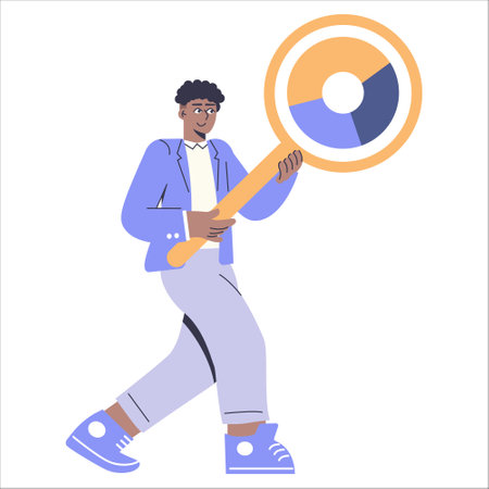 Diversity businessman concept. A cheerful entrepreneur holds a magnifying glass, symbolizing market analysis. Strategic leadership and insightful decision-making. Vector illustration.のイラスト素材
