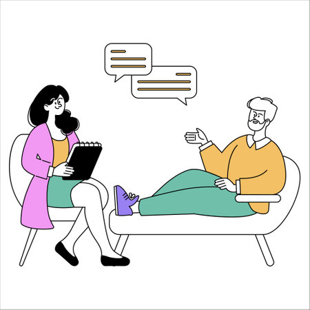 Therapy session concept. A psychologist attentively listens to a male clients concerns. Mental health support and counseling scene. Vector illustration.のイラスト素材