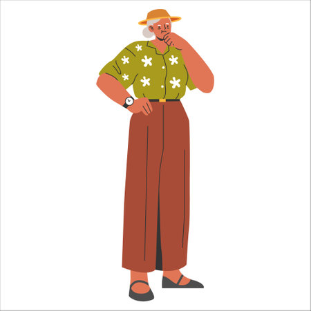 Confident businesswoman concept. A modern entrepreneur standing poised and thoughtful. Professional attire and focused expression. Vector illustration.のイラスト素材