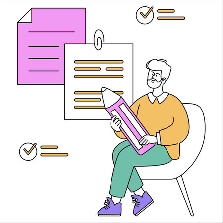Businessman concept. A professional in casual attire reviews large notes, indicating organization and planning. Efficient workflow management. Vector illustration.のイラスト素材