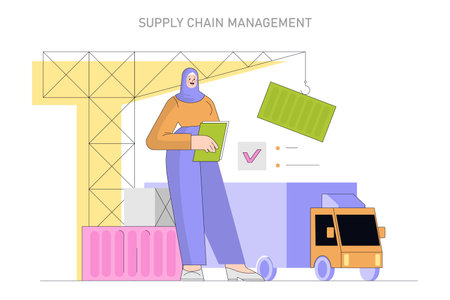 Supply Chain Management concept. Professional overseeing logistics operations with cargo and delivery truck. Efficient workflow optimization. Vector illustration.のイラスト素材