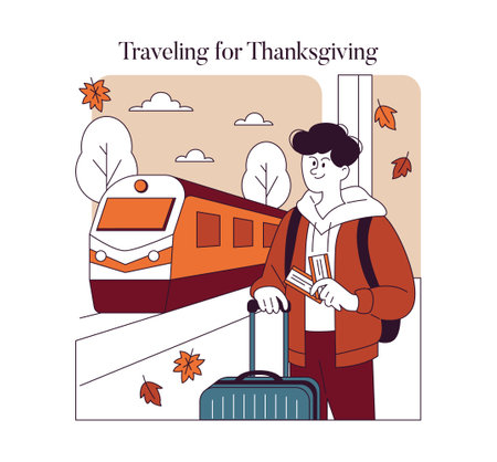 Thanksgiving travel concept. Person with luggage ready to board a train amidst autumn scenery. Holiday journey reunion. Vector illustration.のイラスト素材
