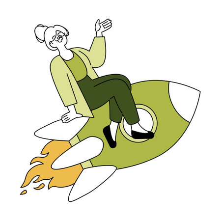 Energetic senior businesswoman riding a rocket, symbolizing business growth and career success. Inspiring entrepreneurship. Vector illustration.のイラスト素材