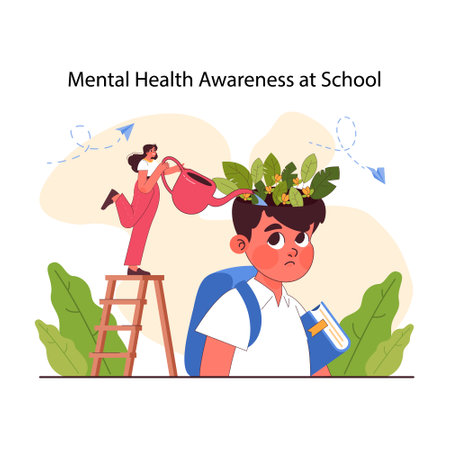 Pedagogy. Students mental health awareness in school. Children upbringing and education. Primary school kids gaining knowledge and skills, modern approach to teaching. Flat vector illustrationのイラスト素材