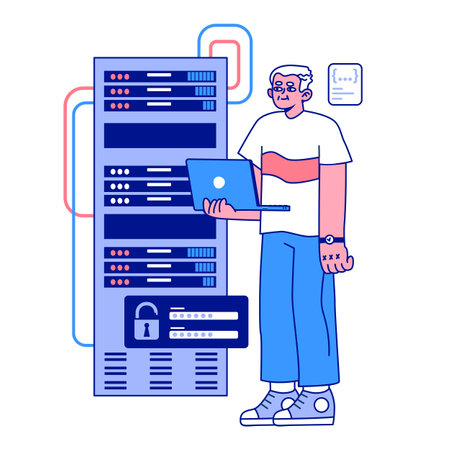 Senior developer. Oldman programming and coding. Developing and maintaining website and app. Oldster IT specialist working in server and data processing centers. Flat vector illustrationのイラスト素材