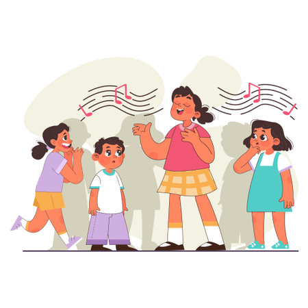Uniqueness and individuality. Character standing out from the crowd, choosing another way. Talented little girl singing a song. Flat vector illustrationのイラスト素材