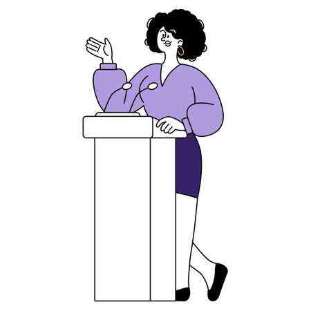 Confident businesswoman giving a presentation. Professional woman at podium speaking to an audience. Leadership, career event, corporate seminar. Vector illustration.のイラスト素材