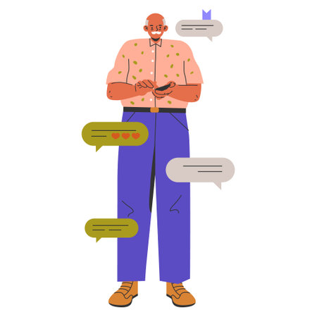 Diverse businessman networking on smartphone with social media chat bubbles. Digital communication in the corporate world. Vector illustration.のイラスト素材