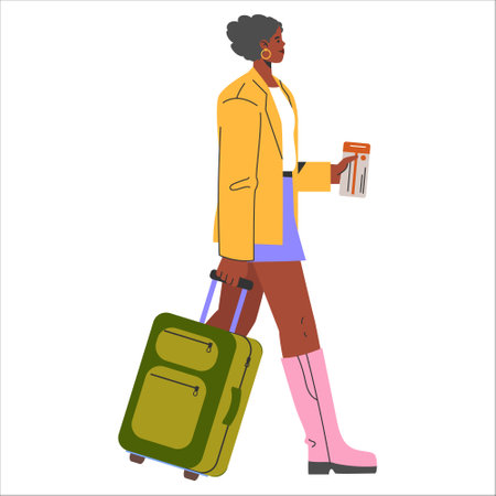 Diversity businesswoman concept. An African descent businesswoman travels with luggage, portraying modern professional mobility. Vector illustration.のイラスト素材