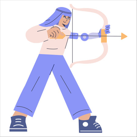 Determination concept. A diverse businessman aims with precision using a bow and arrow, embodying focus and goals achievement. Vector illustration.のイラスト素材
