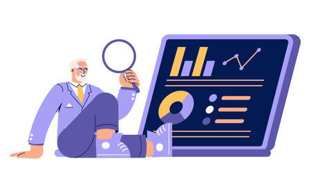 Senior executive analyzes data trends with a magnifying glass, seated beside digital analytics dashboard. Vector illustration.のイラスト素材
