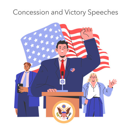 Election race vector illustration. Competition between candidates with flag background, giving campaign speeches. Vector illustration.のイラスト素材